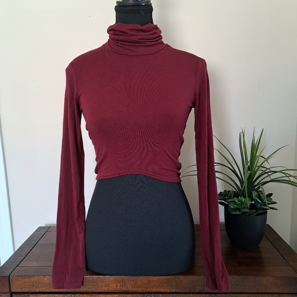 Design Lab Lord & Taylor Burgundy Red Crop Top Sze Medium Turtleneck Long Sleeve